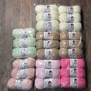 Lion Brand Boucle Yarn Bulky 5 LOT 12‎ Skeins Cream Beige Pink Green, Soft Yarn